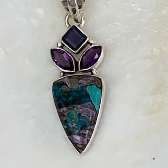 Handmade Chrysocolla and Purple Turquoise Pendant - Picture 2 of 3